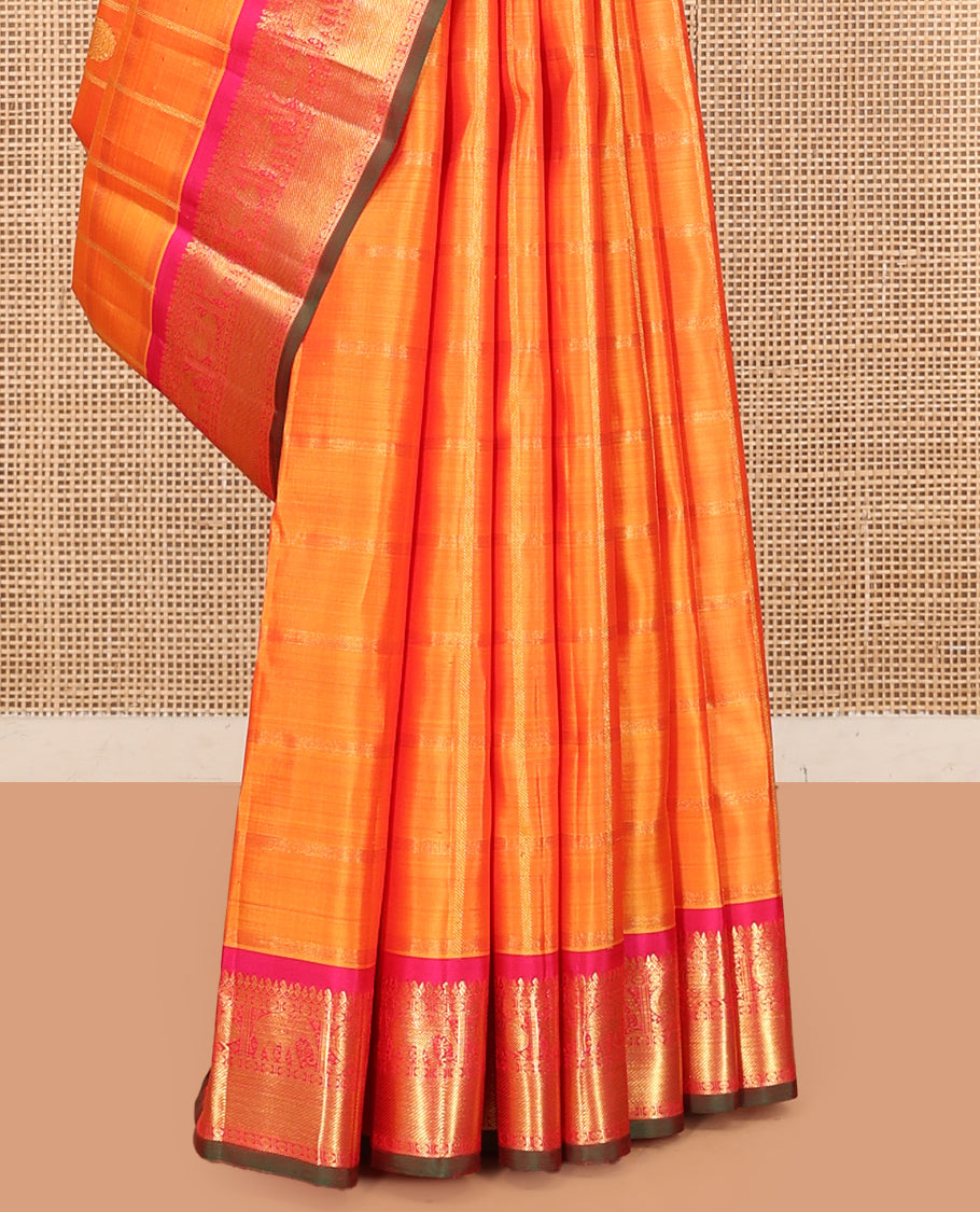 Orange Kanchipuram Silk Saree, Adorned with Mayil-Chakram Buttas and Stripes, Complemented by a Contrast Border of Thilakam Mokku, Rudraskham, Mayil, and Yaanai Design, Jaal Pallu, and a Contrast Blouse