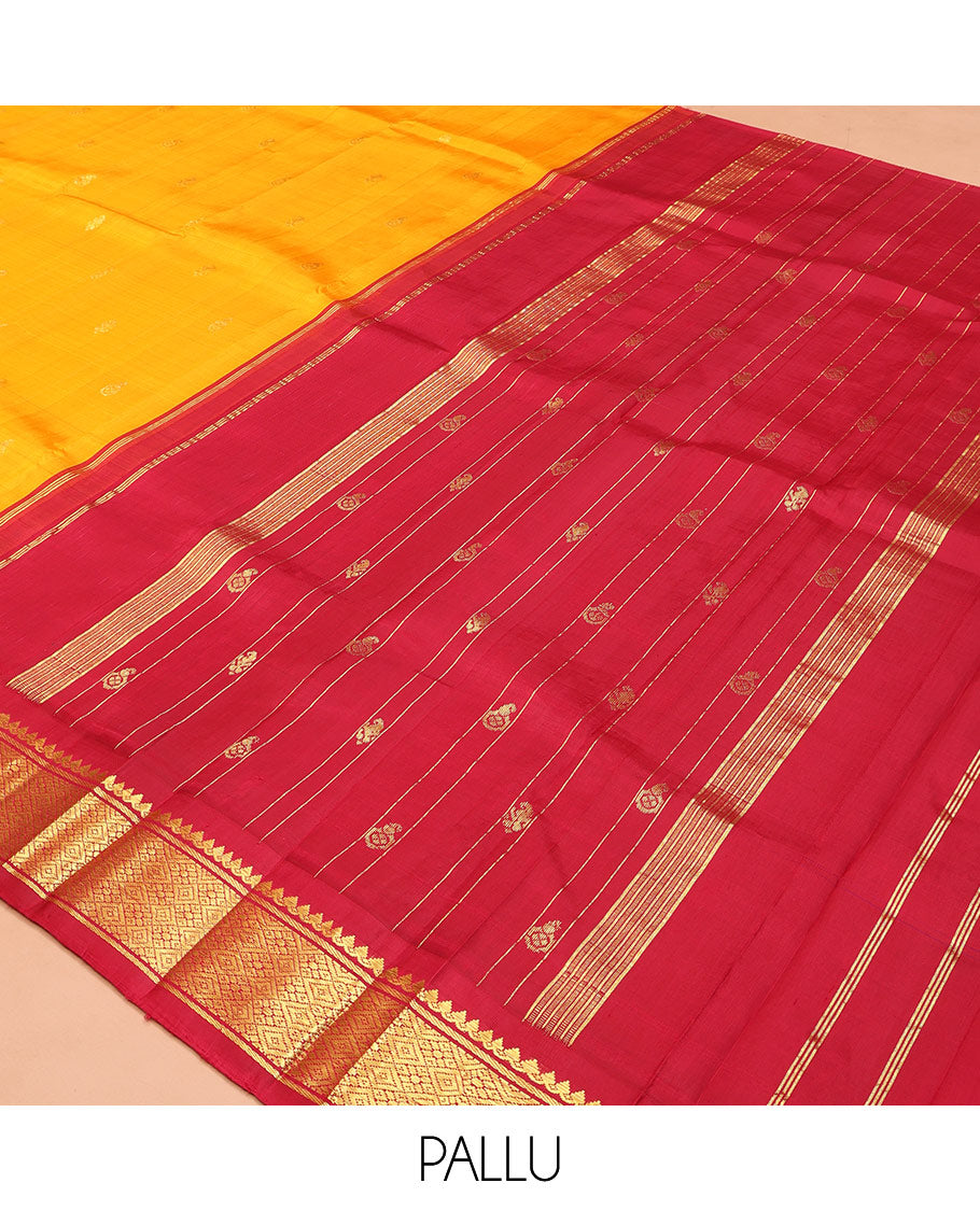 Yellow Kanchipuram Silk Saree, Sparsely Woven with Zari Buttas on Its Body, Complemented by Contrast One-Sided Korvai Border of Thilakam Mokku, Banaras, and Jaal Designs, Pallu Features Zari Designs, and Comes Without a Blouse