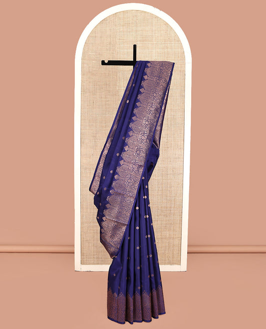 Blue Kanchipuram Silk Saree, Enthralled with Zari Buttas All Over Its Body, Highlighted by a Zari Border of Mughal-Style Designs, Grand Pallu, and Paired with a Matching Blouse