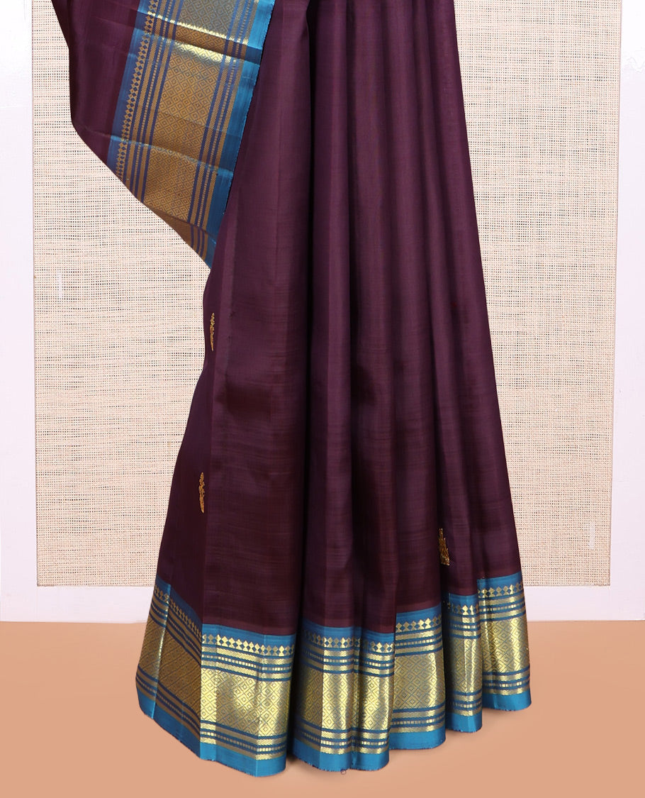 Brown Kanchipuram Silk Saree, Woven with Zari Buttas, a Contrast One-sided Border of Panner Sombu, Banaras, Muthu, and Mayil Kann Design, Zari Woven Pallu, and No Blouse