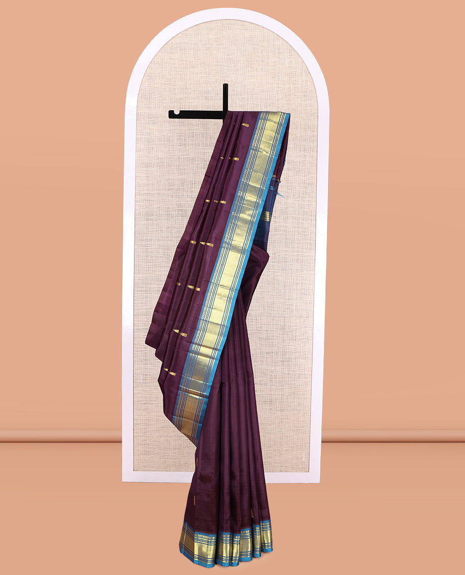 Brown Kanchipuram Silk Saree, Woven with Zari Buttas, a Contrast One-sided Border of Panner Sombu, Banaras, Muthu, and Mayil Kann Design, Zari Woven Pallu, and No Blouse