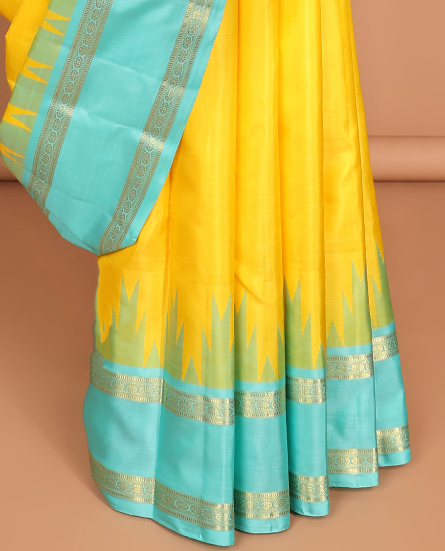 Yellow kancheepuram silk saree with contrast korvai, rettai pettu zari design border & Striped pallu