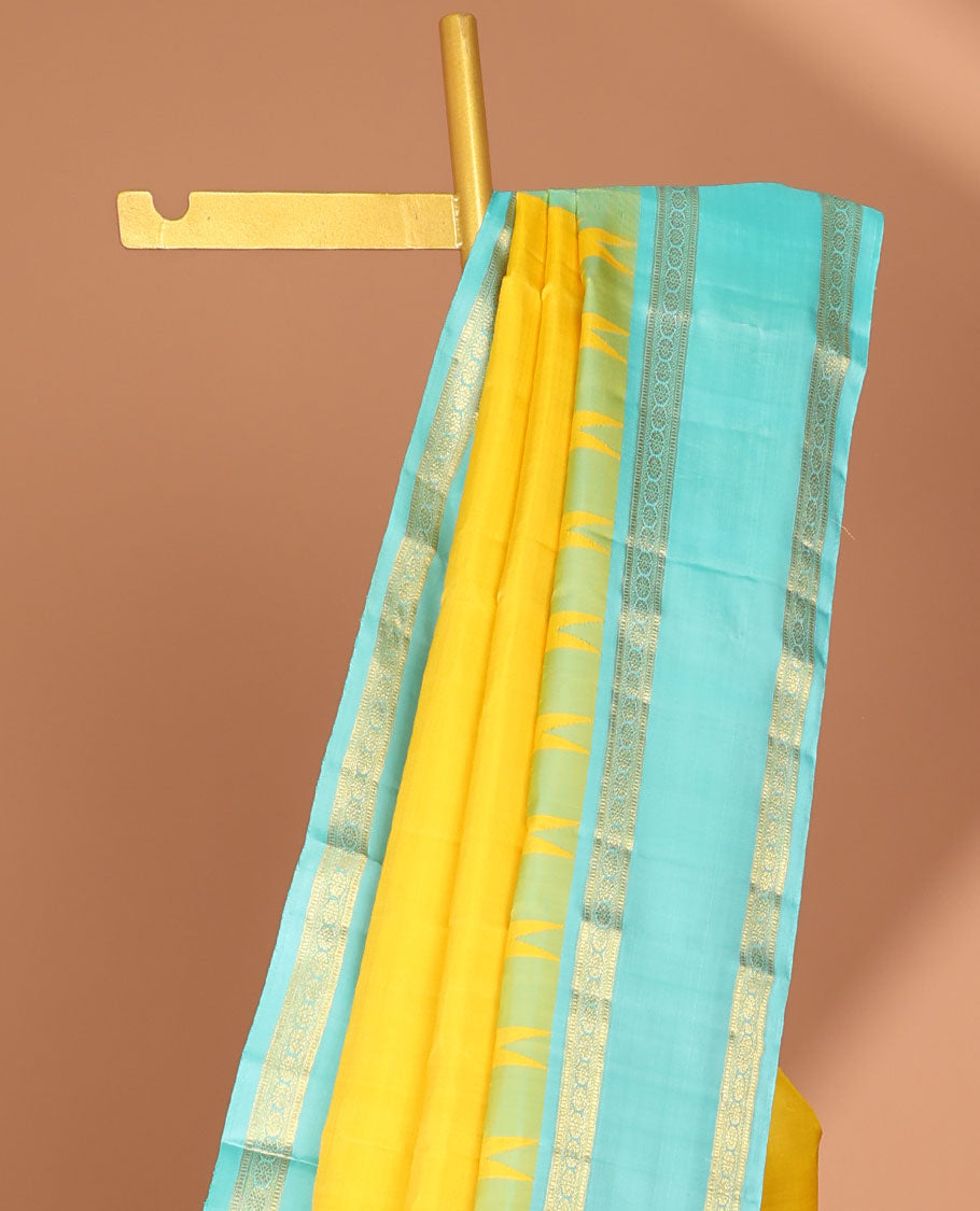 Yellow kancheepuram silk saree with contrast korvai, rettai pettu zari design border & Striped pallu
