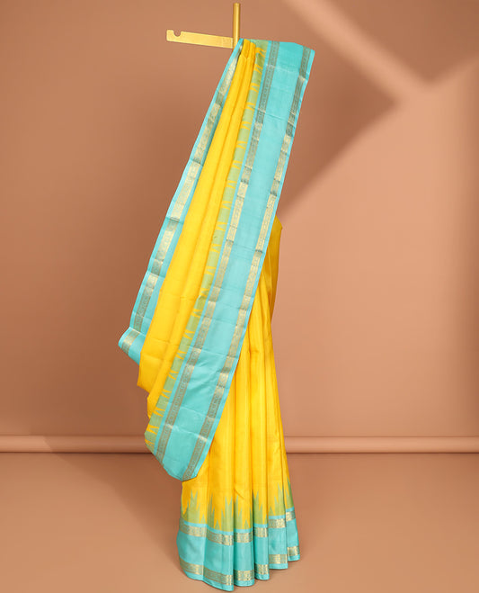 Yellow kancheepuram silk saree with contrast korvai, rettai pettu zari design border & Striped pallu