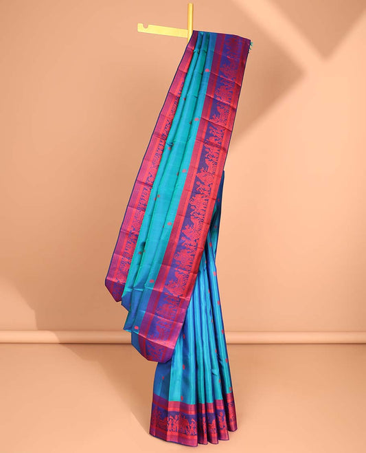 Blue buttas kancheepuram silk saree with contrast wedding design border & intricate checked, floral zari design pallu
