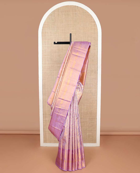 Lavender floral jacquard kancheepuram tissue silk saree with contrast korvai border of traditional zari design & floral design pallu