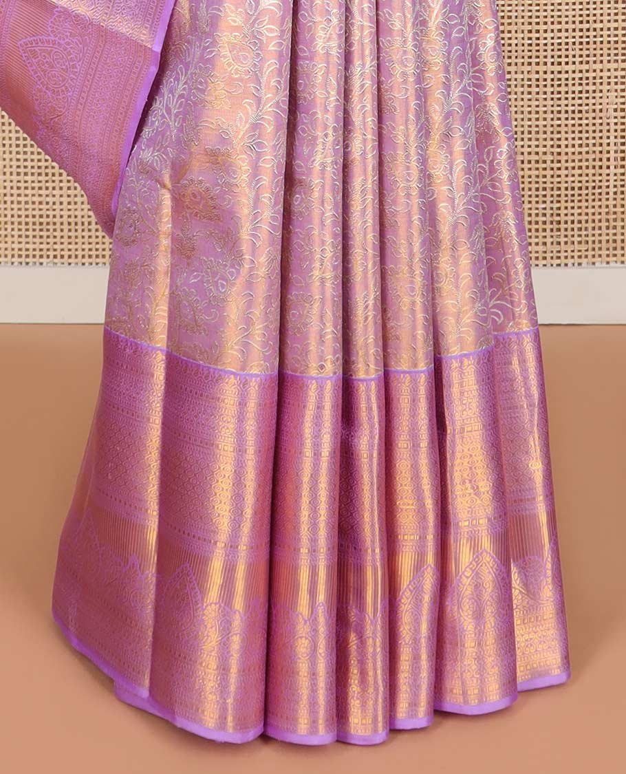 Lavender floral jacquard kancheepuram tissue silk saree with contrast korvai border of traditional zari design & floral design pallu