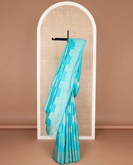 Light blue geometric design kancheepuram silk saree with self zari border & bhavanji pallu