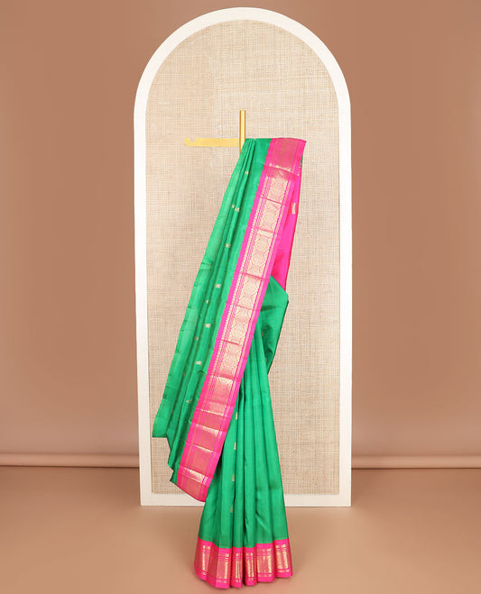 Green zari buttas Kanchipuram silk saree, contrast one-sided korvai traditional zari border & zari design pallu