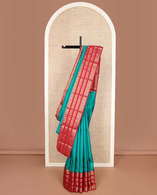 Blue plain Kanchipuram silk saree, contrast border of Muthu,banaras,kodi visiry & neli & geometric patterned pallu