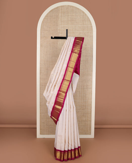 Cream zari buttas Kanchipuram silk saree, contrast korvai border of thilakam mokku & puli nagam design & zari design pallu