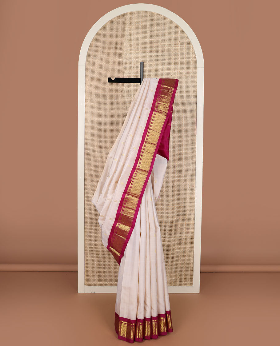 Cream zari buttas Kanchipuram silk saree, contrast korvai border of thilakam mokku & puli nagam design & zari design pallu