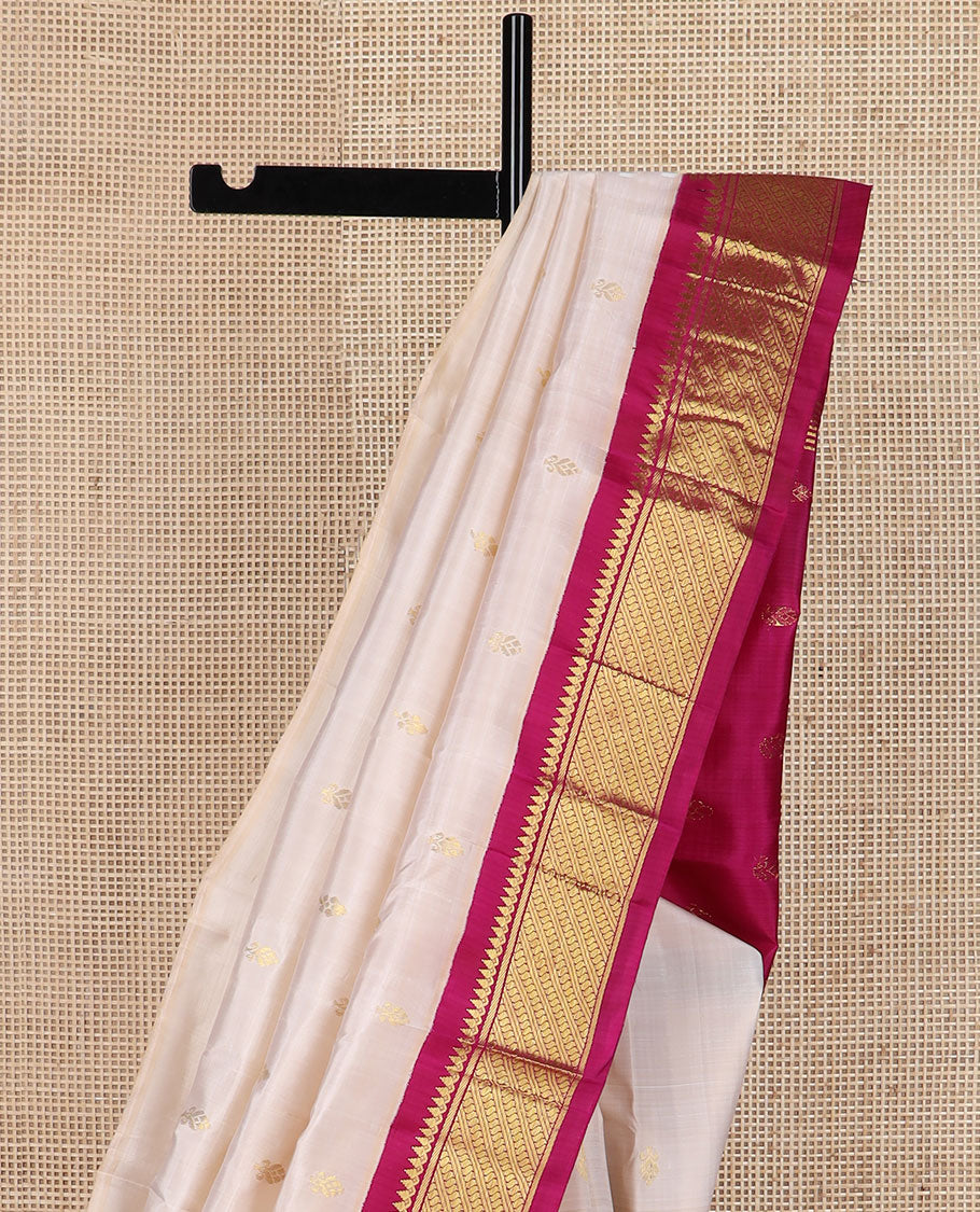 Cream zari buttas Kanchipuram silk saree, contrast korvai border of thilakam mokku & puli nagam design & zari design pallu