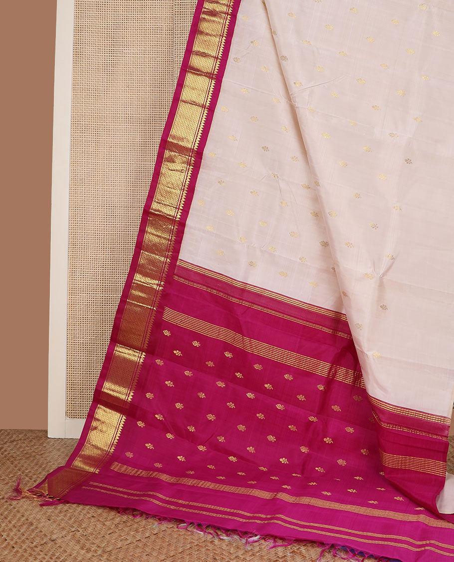 Cream zari buttas Kanchipuram silk saree, contrast korvai border of thilakam mokku & puli nagam design & zari design pallu