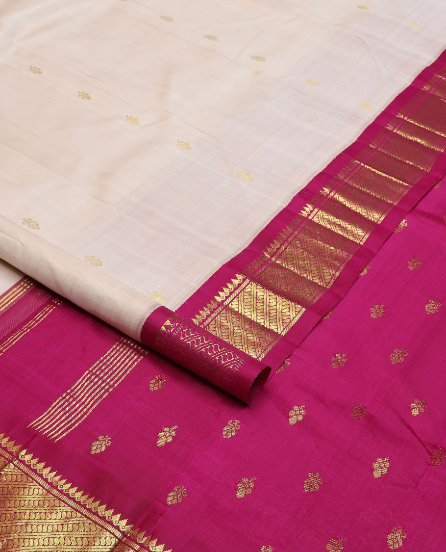 Cream zari buttas Kanchipuram silk saree, contrast korvai border of thilakam mokku & puli nagam design & zari design pallu