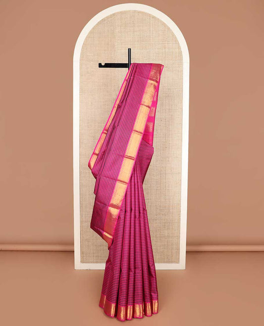 Pink striped Kanchipuram silk saree, zari border of traditional designs, and pallu of zari designs