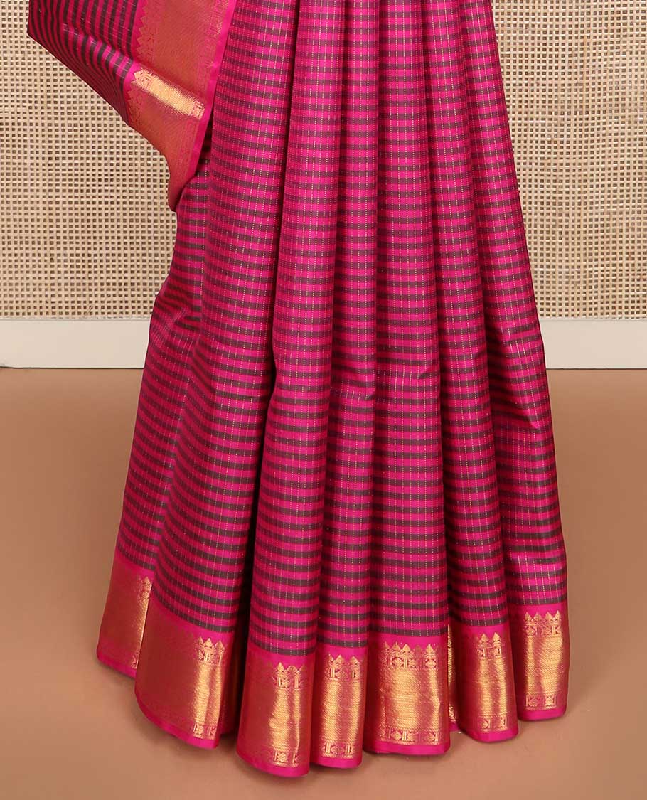 Pink striped Kanchipuram silk saree, zari border of traditional designs, and pallu of zari designs