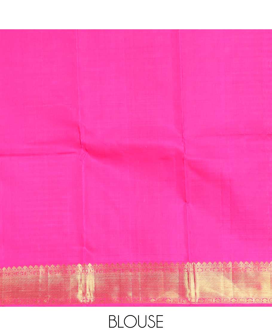 Pink striped Kanchipuram silk saree, zari border of traditional designs, and pallu of zari designs