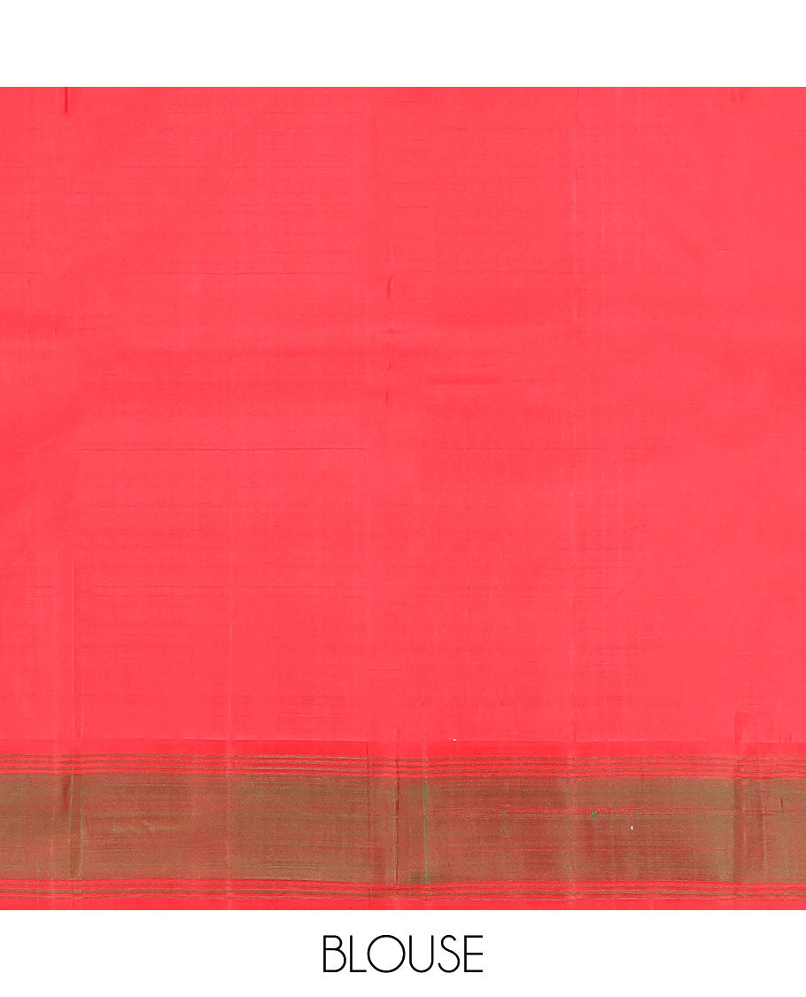 Yellow buttas Kanchipuram silk saree, contrast border of malli mokku designs, and pallu of geometric designs