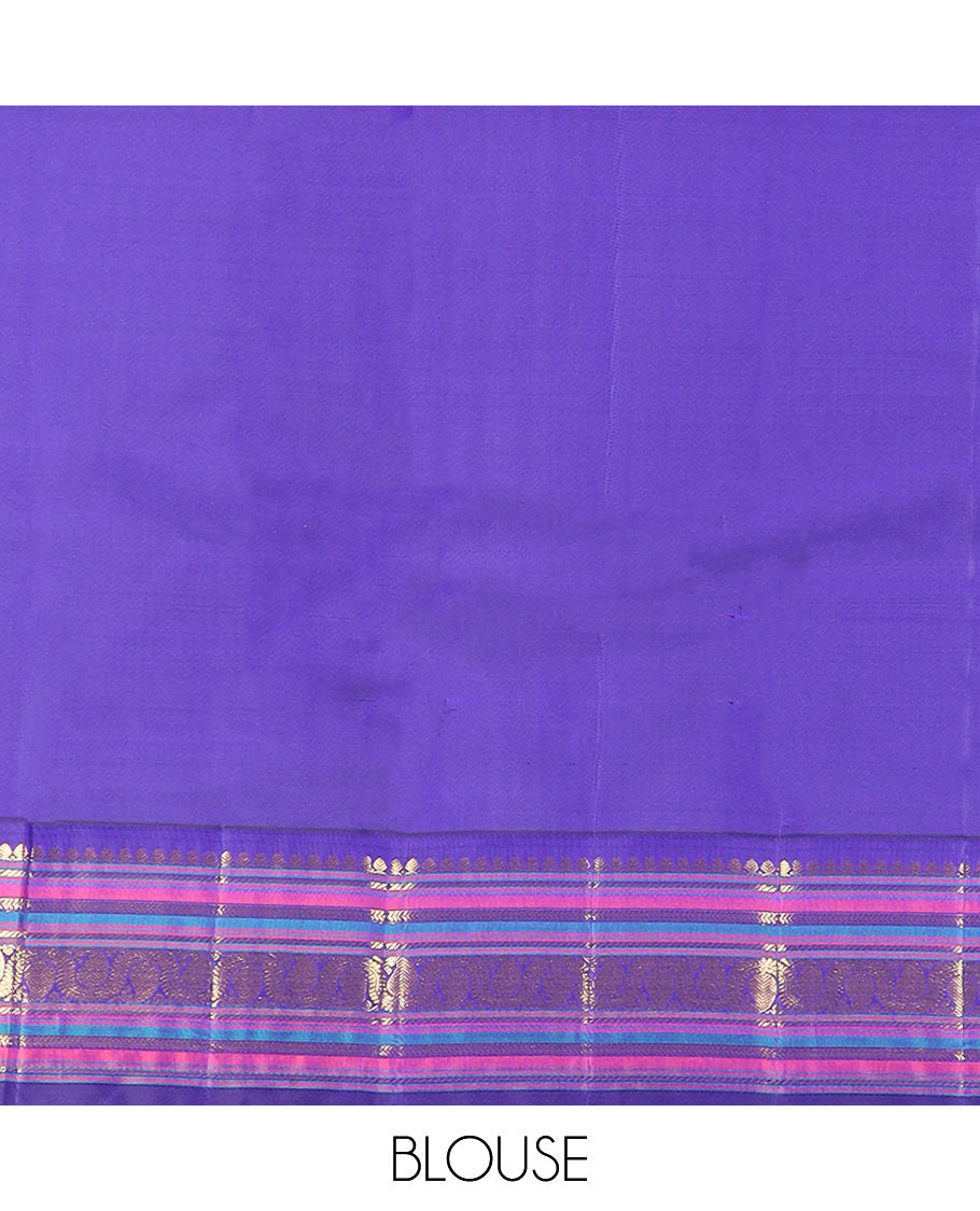 Blue zari buttas Kanchipuram silk saree, contrast border of thilakam mokku, banaras, kathir, and dhavana manga designs, and mayil kann design pallu