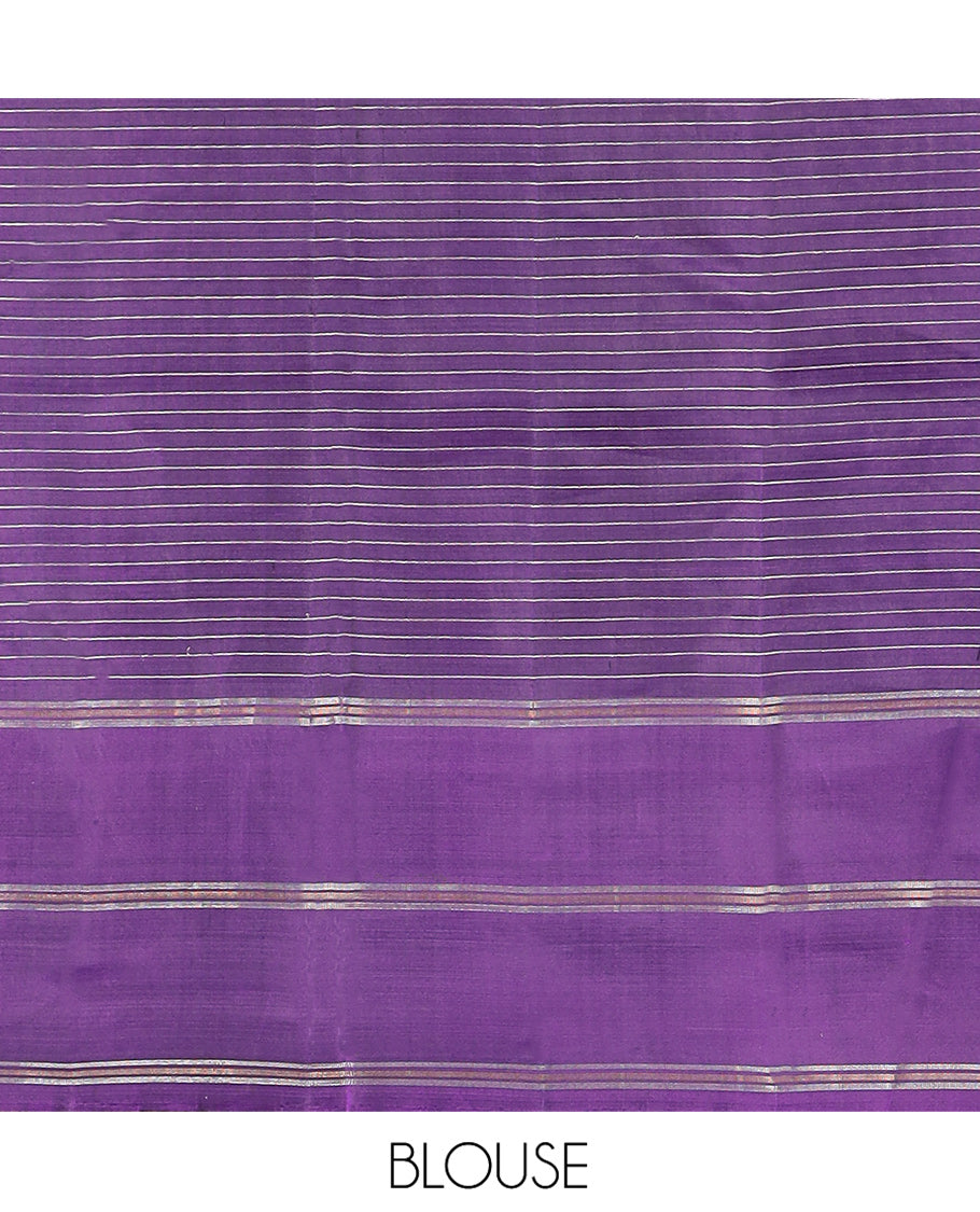 Blue Kanchipuram Silk Saree Elevated with Buttas and Checks All Over Its Body, Complemented by a Contrast Border of Stripes, Featuring Pallu of Intricate Designs, and Paired with a Contrast Blouse