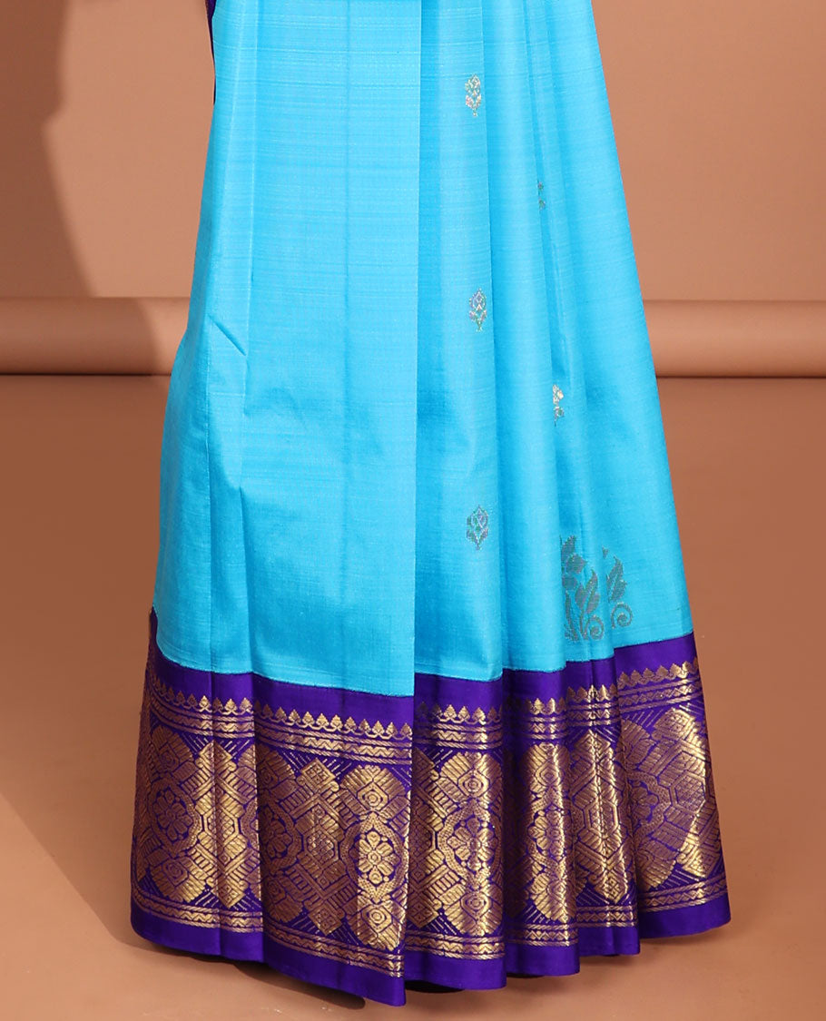 Blue floral buttas kancheepuram silk saree with contrast intricate zari border & floral zari design pallu