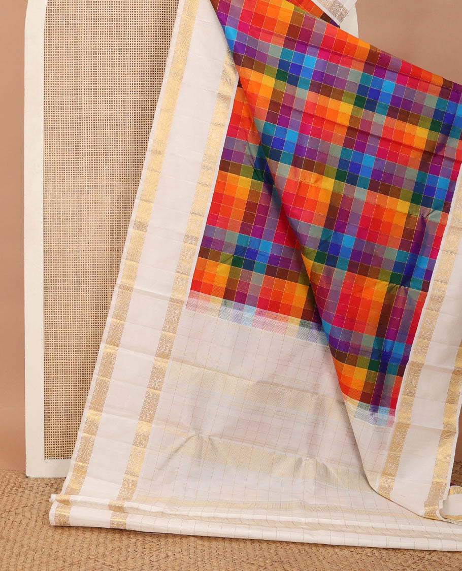 Multi-color palum pazhamum checked silk saree,contrast rettai pettu border of thilakam mokku,mayil,manga & kattu lavangam & zari checks pallu