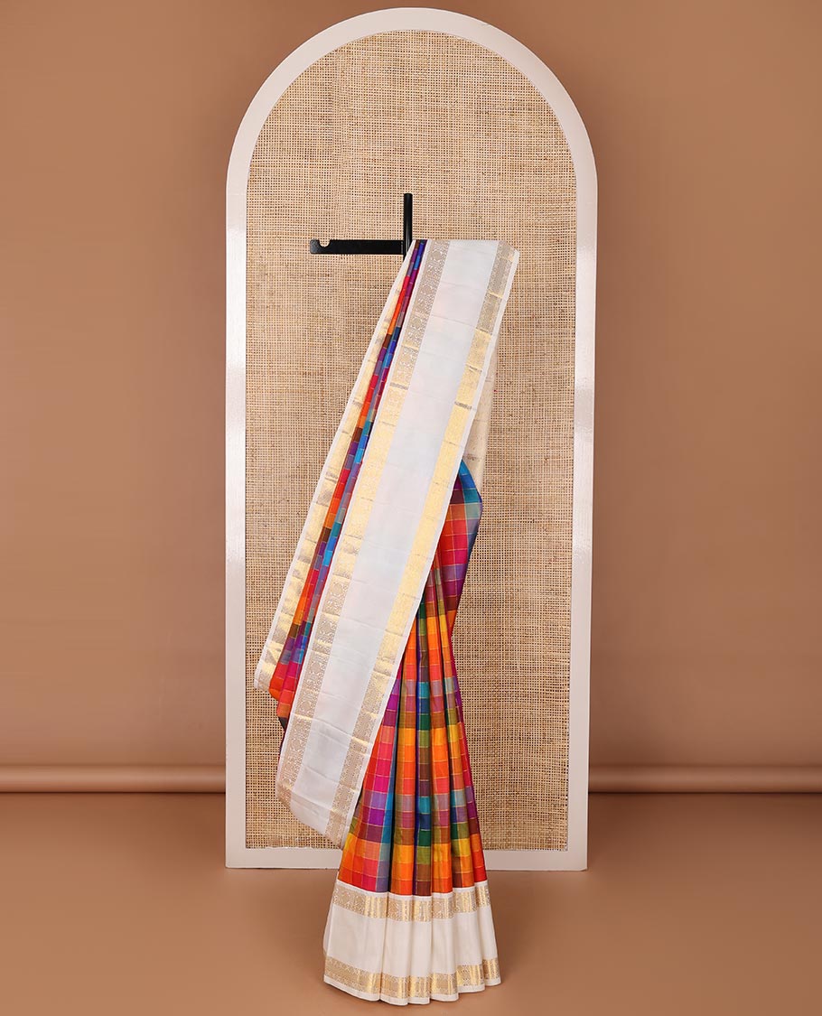 Multi-color palum pazhamum checked silk saree,contrast rettai pettu border of thilakam mokku,mayil,manga & kattu lavangam & zari checks pallu