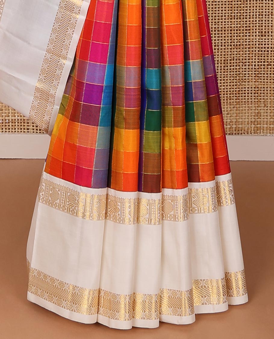 Multi-color palum pazhamum checked silk saree,contrast rettai pettu border of thilakam mokku,mayil,manga & kattu lavangam & zari checks pallu