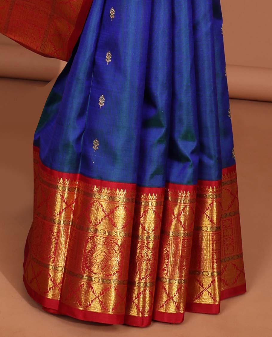 Blue floral buttas kancheepuram silk saree with korvai border of rekku, banaras, paun designs & intricate zari design pallu