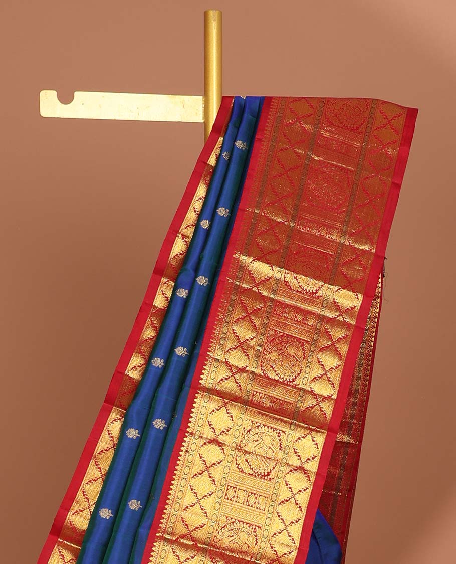 Blue floral buttas kancheepuram silk saree with korvai border of rekku, banaras, paun designs & intricate zari design pallu