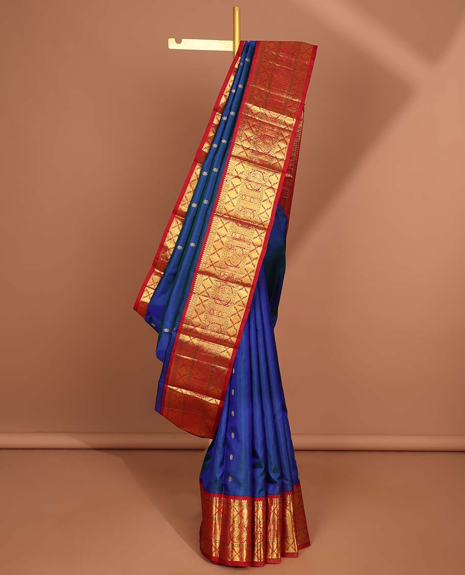 Blue floral buttas kancheepuram silk saree with korvai border of rekku, banaras, paun designs & intricate zari design pallu
