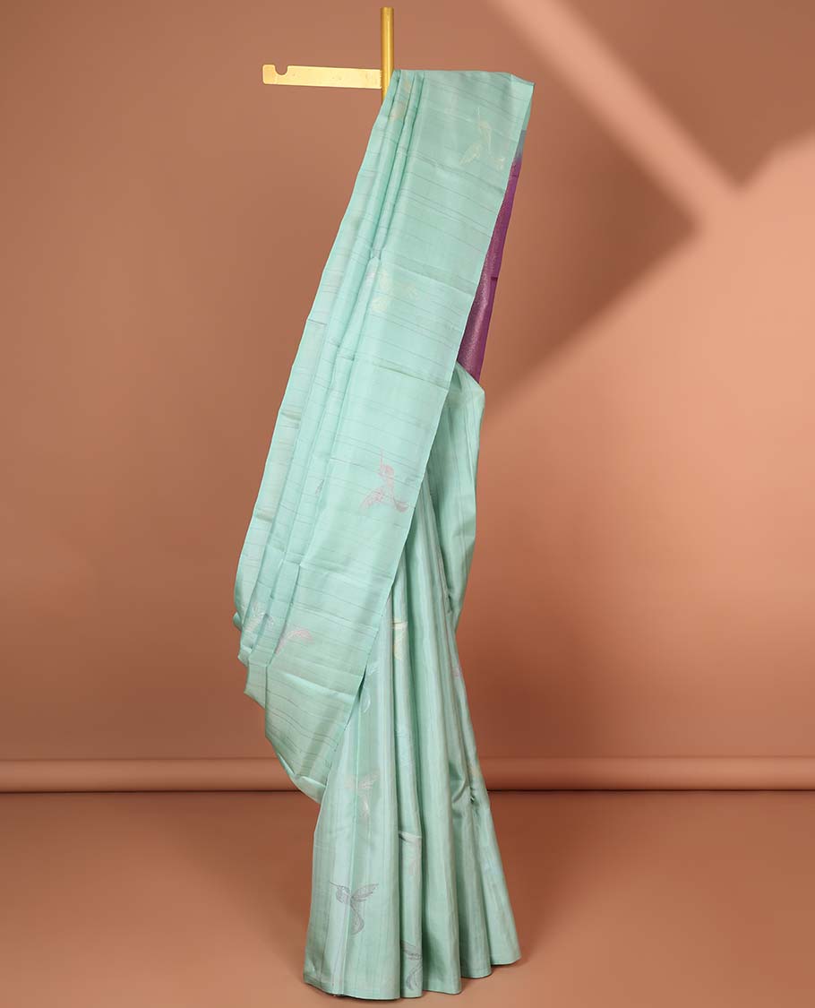 Borderless blue bird buttas Kanchipuram silk saree, contrast jaal design pallu