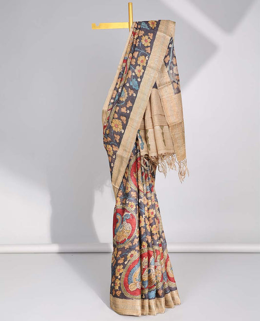 Grey floral, human design handpainted pen kalamkari silk saree with contrast plain border & striped pallu
