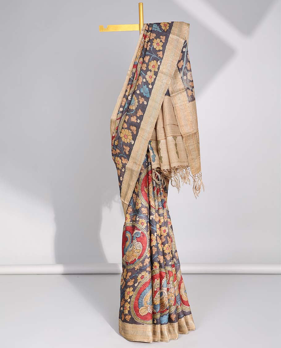 Grey floral, human design handpainted pen kalamkari silk saree with contrast plain border & striped pallu