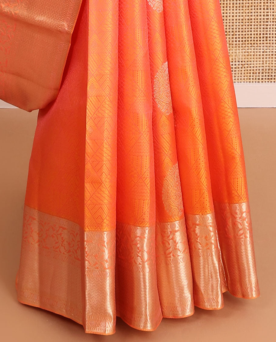Orange geometric, floral design kancheepuram silk saree with contrast border of poo chakarm, muthu, kodi visiry design & zari design pallu