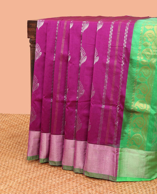 Purple kuppadam cotton saree with buttas, plain border & contrast pallu of intricate designs