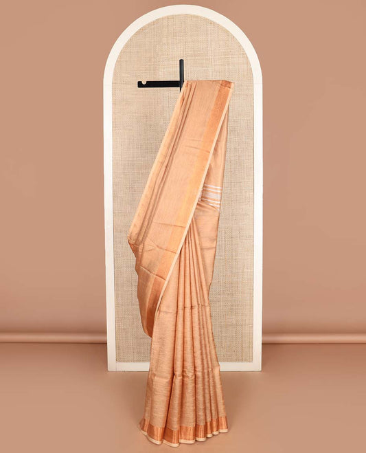 Sandal plain design linen cotton saree, bavanji zari border, and striped pallu
