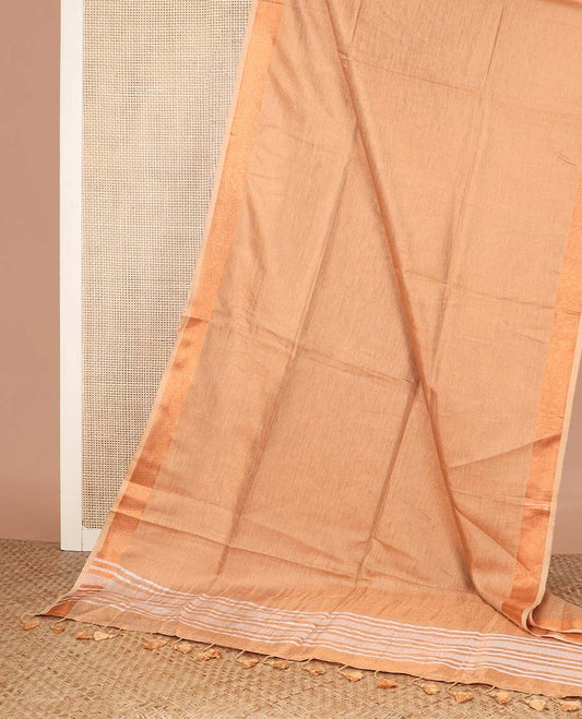 Sandal plain design linen cotton saree, bavanji zari border, and striped pallu