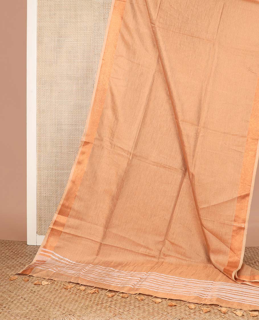 Sandal plain design linen cotton saree, bavanji zari border, and striped pallu