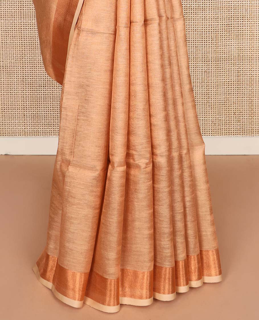Sandal plain design linen cotton saree, bavanji zari border, and striped pallu