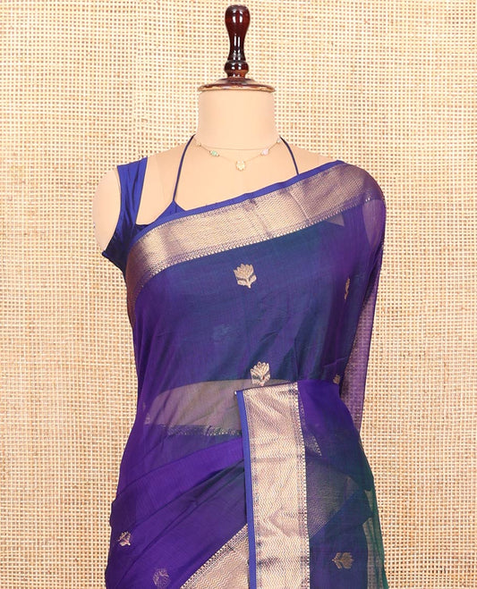 Blue Maheshwari Cotton Saree, Beautified with Floral Zari Buttas All Over Its Body, Zari Border, Gleaming Zari Striped Pallu and Paired with a Matching Blouse