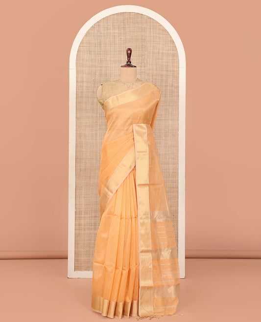 Orange Maheshwari Cotton Saree, Sparsely Woven with Stripes All Over Its Body, Complemented by Contrast Zari Bavanji Border, Pallu of Zari Stripes, and Paired with a Contrast Blouse