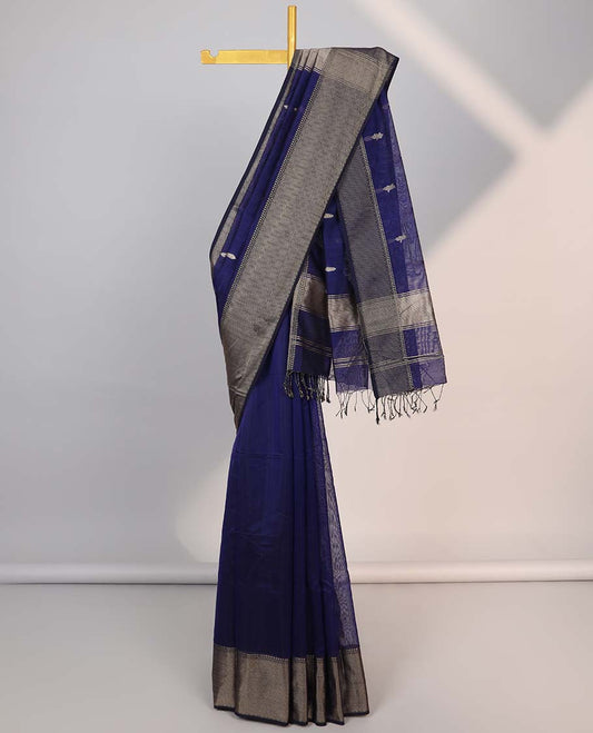Blue floral motifs maheshwari cotton sareewith self argyle design border & floral motifs pallu