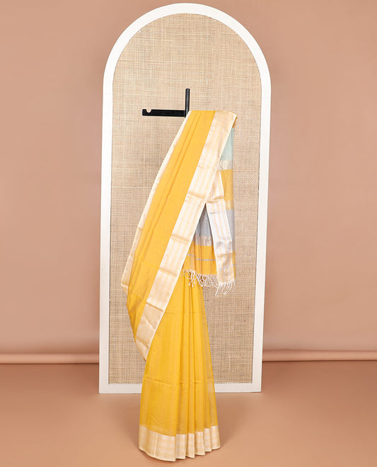 Yellow maheshwari cotton saree with contrast  floral zari design border & striped pallu