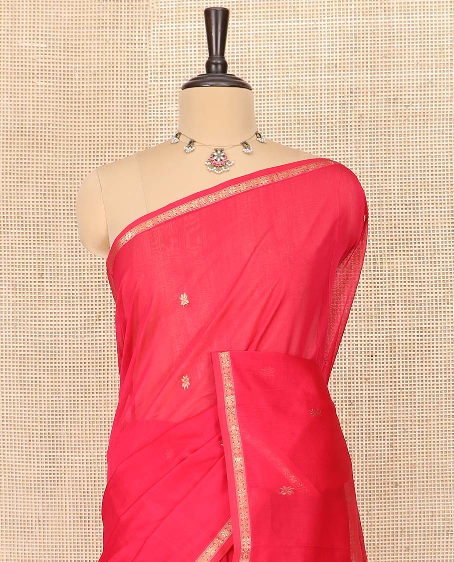 Red Maheshwari Cotton Saree Embellished with Zari Buttas, Highlighted with a Traditional Zari Piping Border, Pallu Decked Up with Zari Stripes and Floral Buttas, and Paired with a Matching Blouse