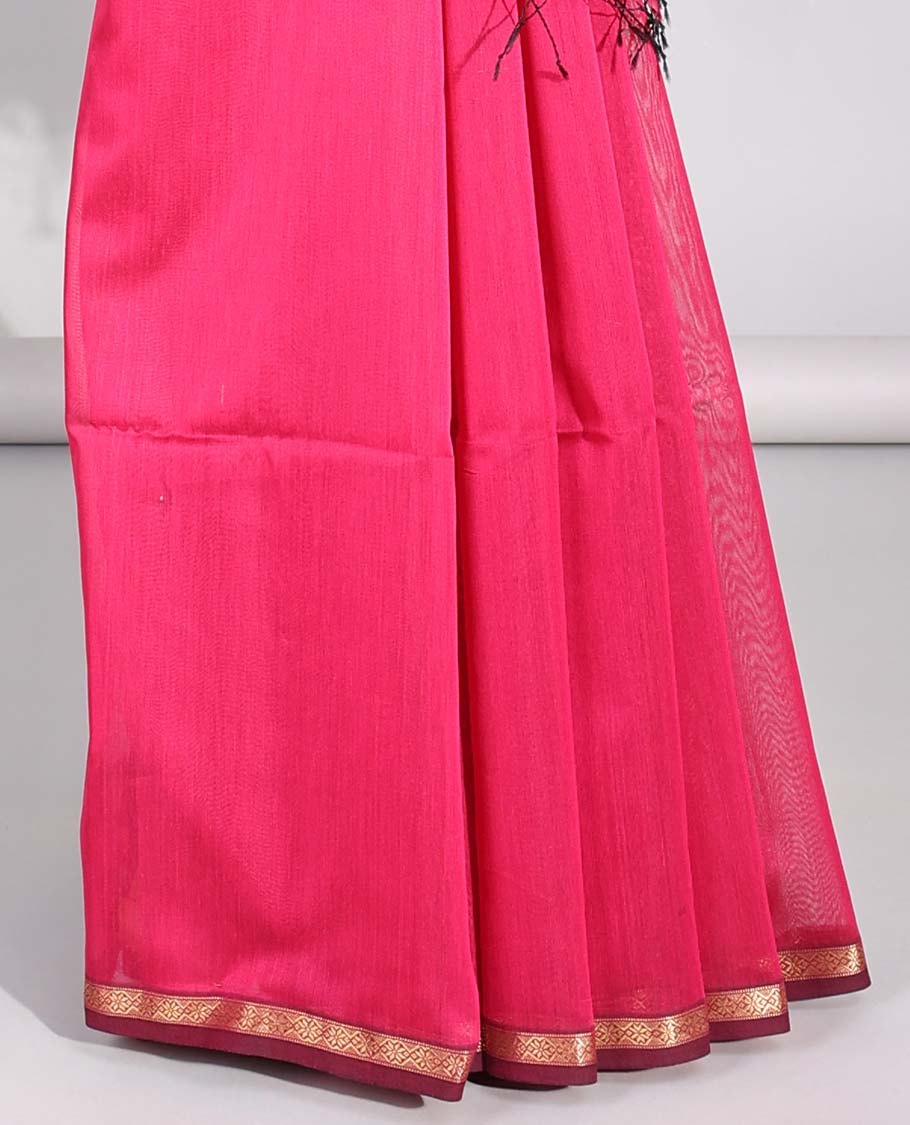 Pink floral motifs maheswari cotton saree with contrast zari border & floral motifs pallu
