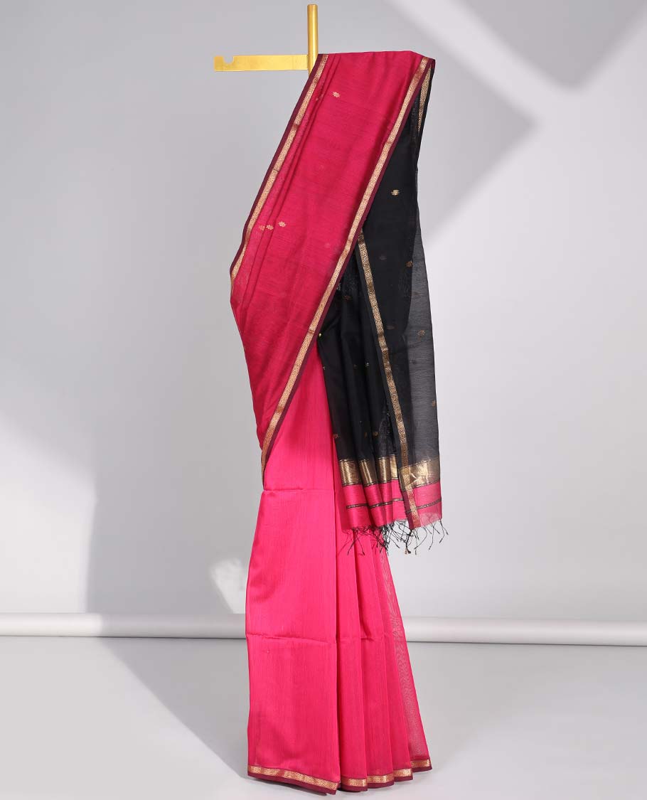 Pink floral motifs maheswari cotton saree with contrast zari border & floral motifs pallu