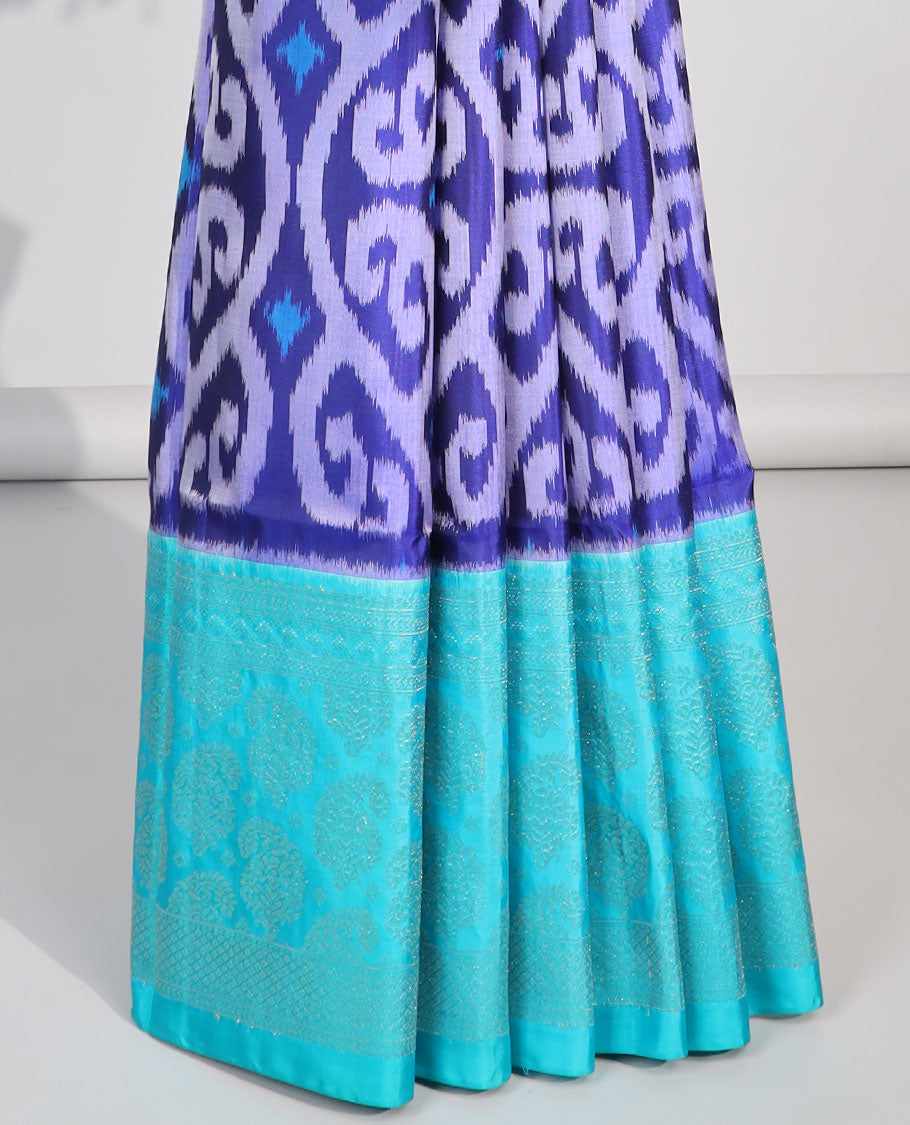 Blue ikkat style floral vine design soft silk saree with contrast zari border & intricate zari design pallu