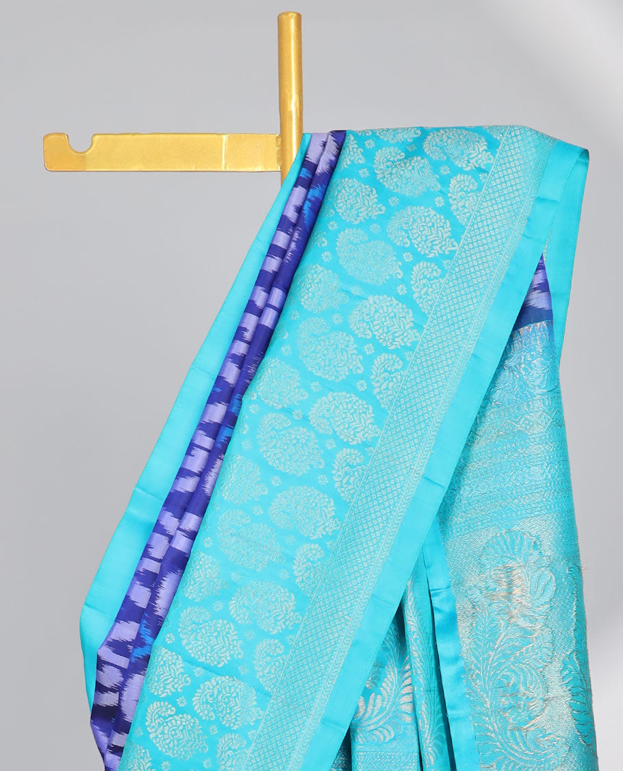 Blue ikkat style floral vine design soft silk saree with contrast zari border & intricate zari design pallu